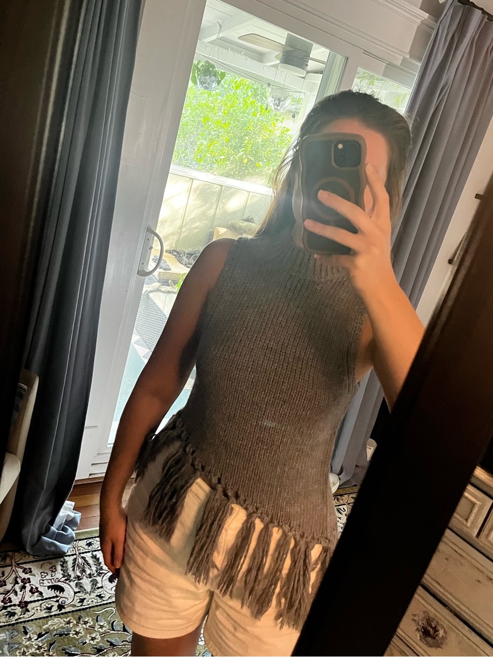 Fringe Hem Sleeveless Turtleneck Top - Gray